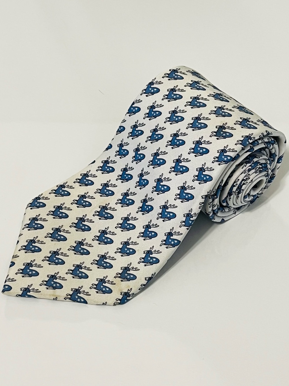 HERMES 5278 SA Mens Neck Tie 100% Silk Deer Stag Novelty Blue France Fathers Day